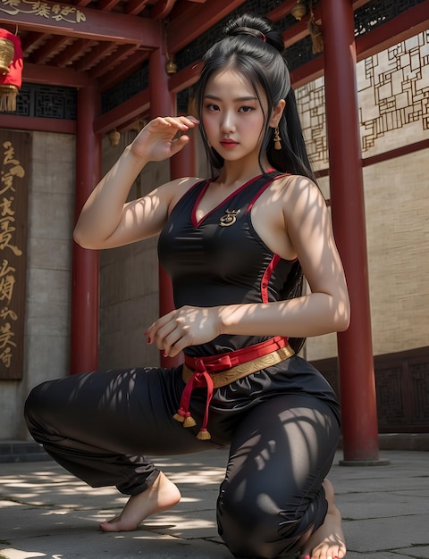 A photo of Ivone Chang practicing martial arts in the temple