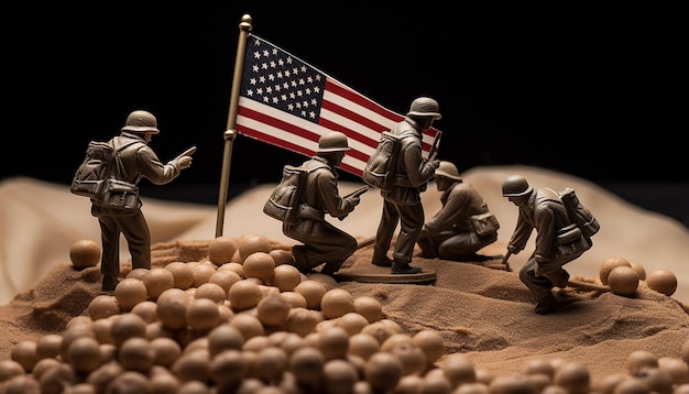 Фотография мемориала Иводзимы, но замененные игрушечные солдатики поднимают американский флаг