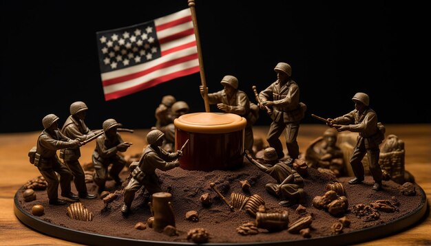 Photo of Iwo Jima memorial but substitute toy soldiers raising the American Flag