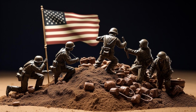 硫黄島記念碑の代わりにアメリカ国旗を掲げているおもちゃの兵隊の写真