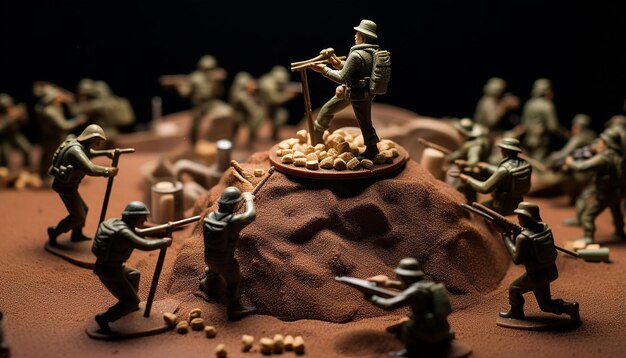 Photo of Iwo Jima memorial but substitute toy soldiers raising the American Flag