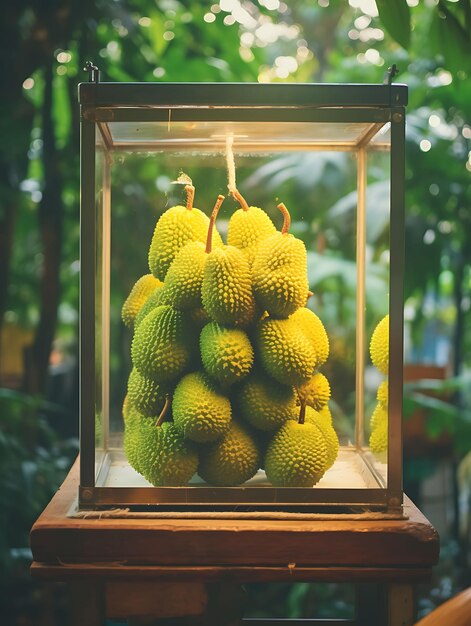 Photo of jackfruit in a glass box cube with rustic burlap strap hang decor scene beauty natural