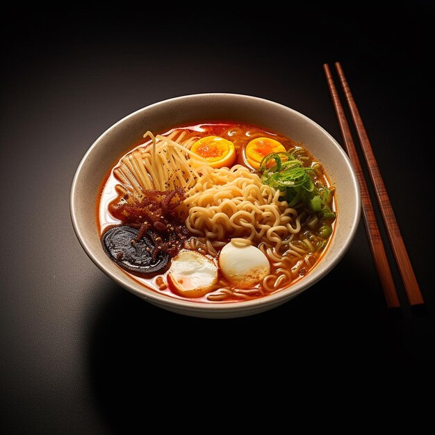 Foto foto della cucina giapponese noodle ramen con uova maiale di pollo con topping vari