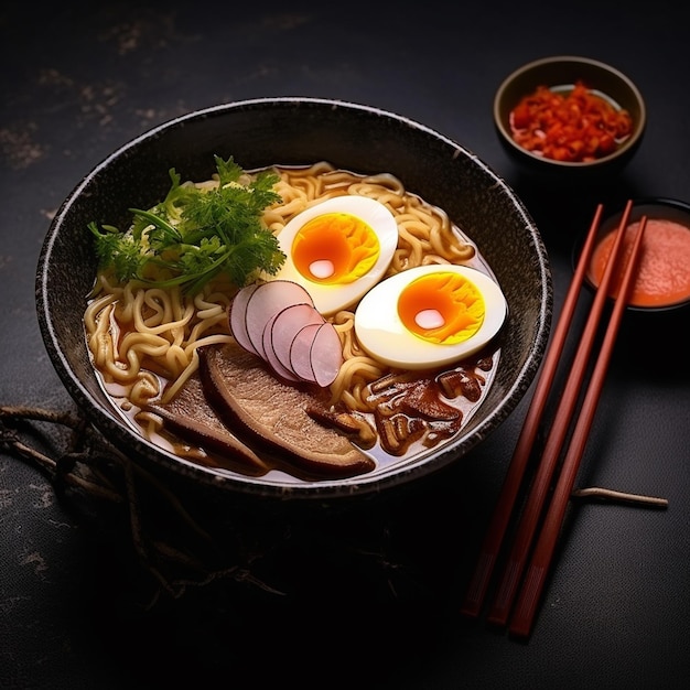 Photo photo of japanese cuisine ramen noodles with eggs chickenporks with variety toppings