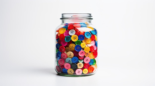 A photo of a jar full of colorful buttons white backdrop