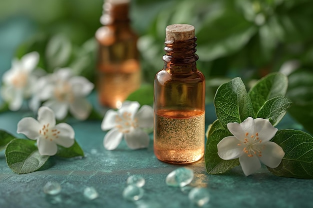 Photo of Jasmine Flowers and Essential Oil on a Lush Green Background