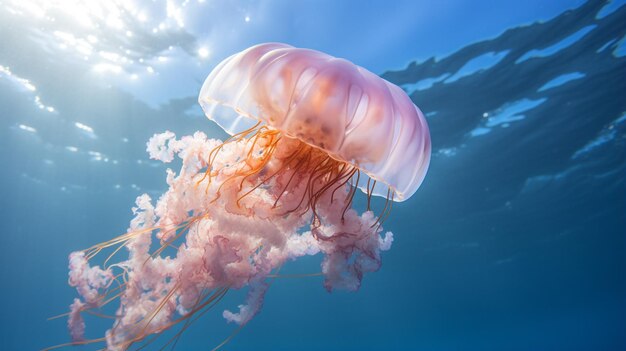 Photo of a jellyfish under blue sky