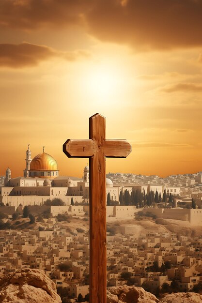 Photo of jerusalem skyline backdrop with a large wooden cross represe easter palm good friday art