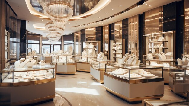 A photo of a jewelry store with sparkling displays bright halogen light