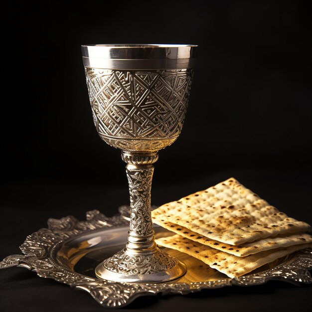 Photo jewish matzah on decorated silver wine cup with matzah jewish symbols for the