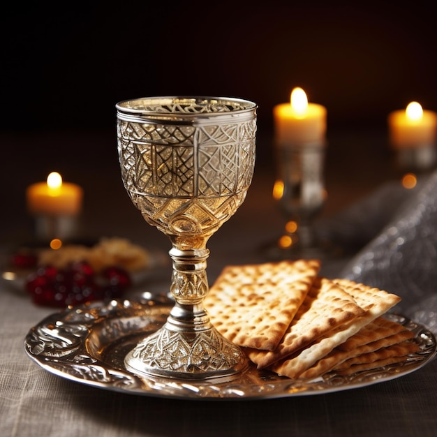 Photo jewish matzah on decorated silver wine cup with matzah jewish symbols for the