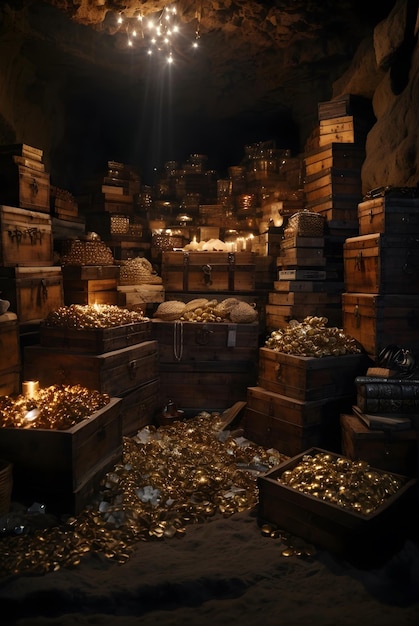 photo jewlery and coins of pirate treasure hidden in a cave