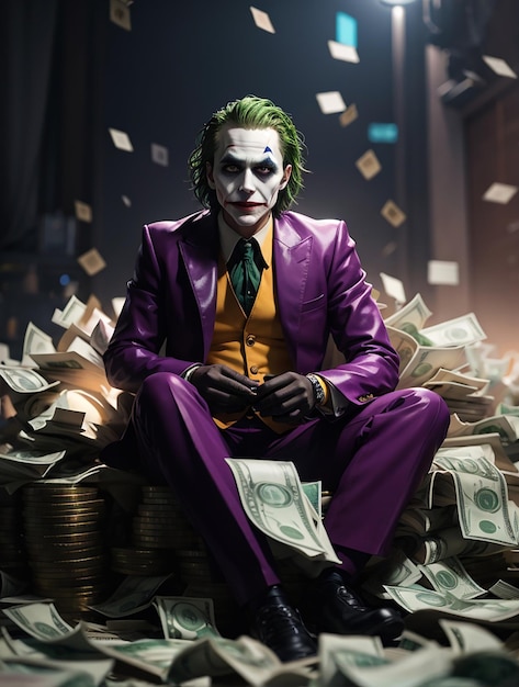 A photo of the joker alone sitting on a pile of money