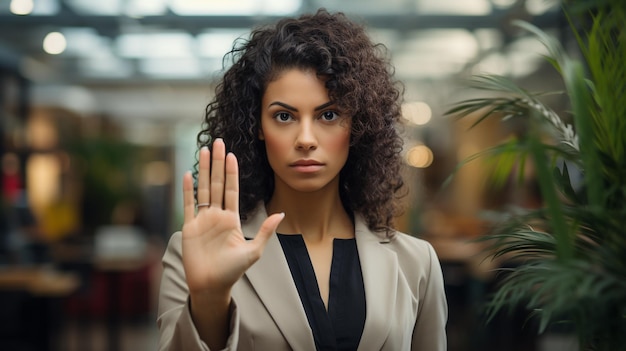 photo jonge lachende vrouw toont iets op geïsoleerde palm gegenereerd door AI