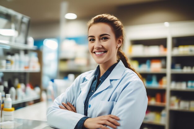 photo jonge vrouw apotheker bij apotheek