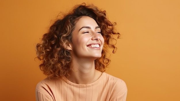 Photo of a joyful lady striking a pose in a studio with blank background