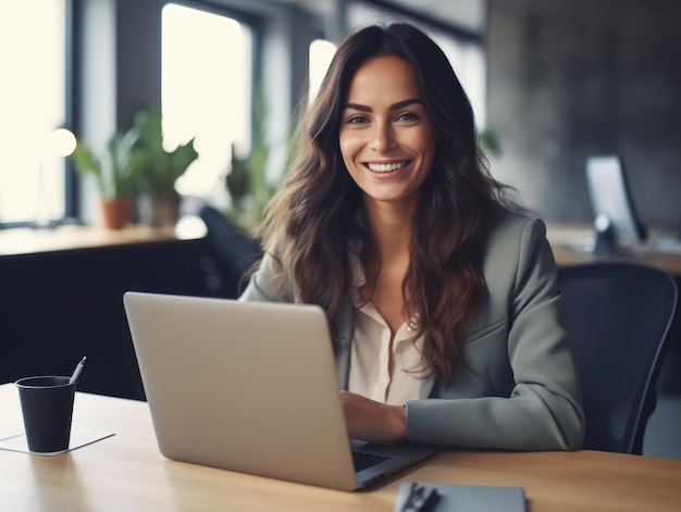 Photo of joyful nice woman using laptop Beautiful Businesswoman typing on laptop Generative AI