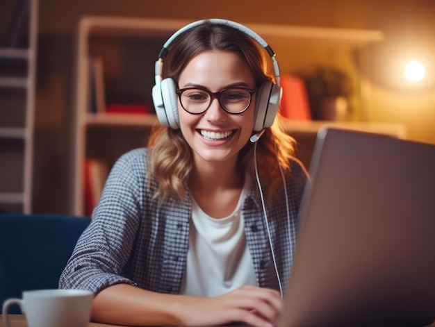 Photo of joyful nice woman using laptop Beautiful Businesswoman typing on laptop Generative AI