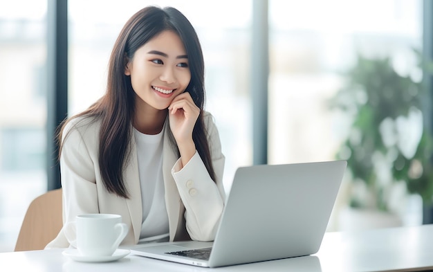 Фото радостной милой женщины с ноутбуком Красивая деловая женщина печатает на ноутбуке Генеративный ИИ