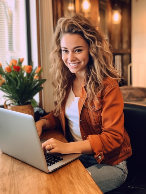 Photo of joyful nice woman using laptop Beautiful Businesswoman typing on laptop Generative AI