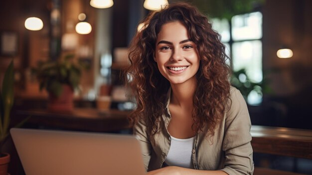 Photo photo of joyful nice woman using laptop beautiful businesswoman typing on laptop generative ai