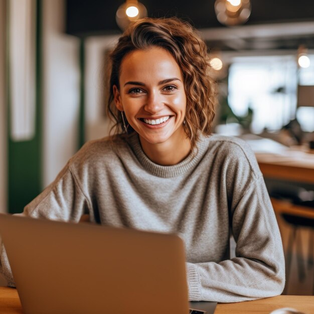 Photo photo of joyful nice woman using laptop beautiful businesswoman typing on laptop