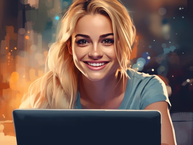 Photo of joyful nice woman using laptop Beautiful Businesswoman typing on laptop