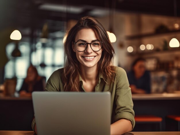 Photo of joyful nice woman using laptop Beautiful Businesswoman typing on laptop