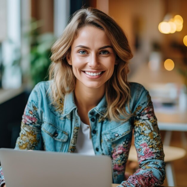 Photo photo of joyful nice woman using laptop beautiful businesswoman typing on laptop