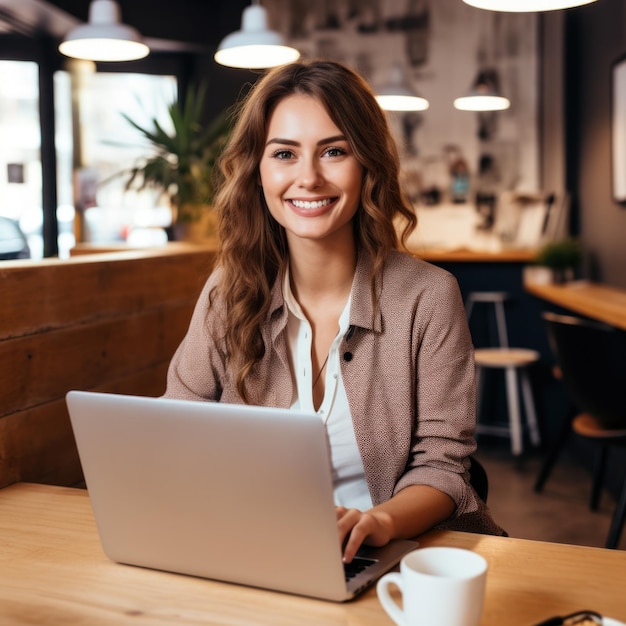 Photo of joyful nice woman using laptop Beautiful Businesswoman typing on laptop