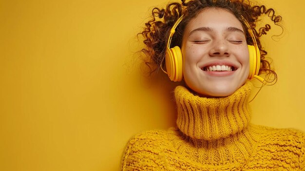 Photo photo of a joyful woman immersed in music on a vibrant yellow background