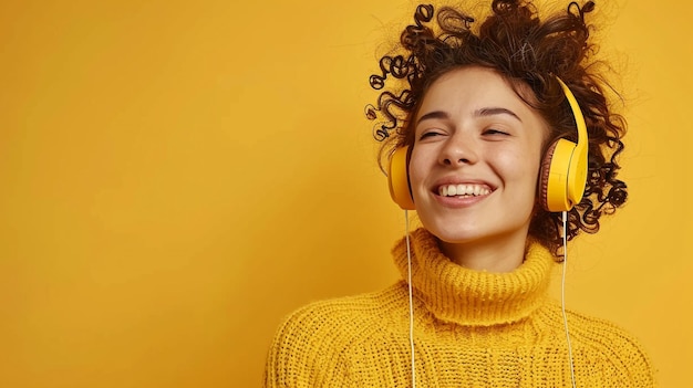 Photo of a Joyful Woman Immersed in Music on a Vibrant Yellow Background