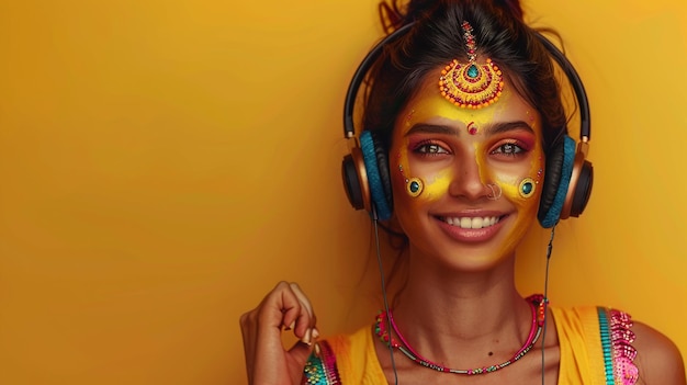 Photo photo of a joyful woman immersed in music on a vibrant yellow background