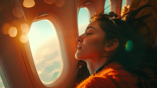 Foto una foto di una donna gioiosa seduta accanto alla finestra di un aereo travel concept ai generative