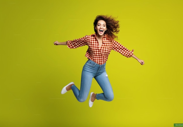 写真 シャツを着た喜びに満ちた若い女性が緑の背景でジャンプし ⁇ 祝っています ⁇