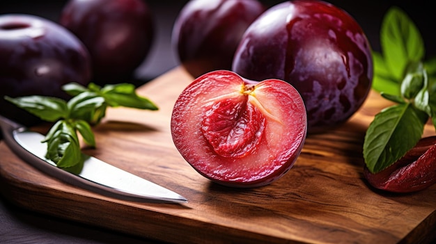 A photo of a juicy plum being sliced with a knife