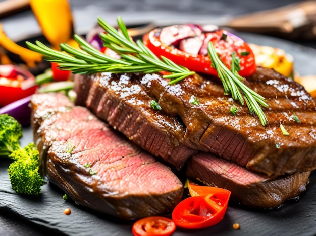 photo juicy steak medium rare beef with spices and grilled vegetables