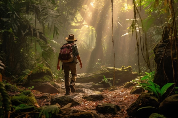 지도를 가진 정글 모험 탐험가의 사진 고대 유적 이국적인 식물 인디애나 존스 영화