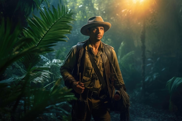 photo of jungle adventure explorer with a map ancient ruins exotic plants indiana jones cinematic