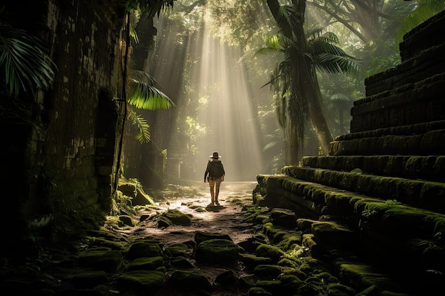 photo of jungle adventure explorer with a map ancient ruins exotic plants indiana jones cinematic