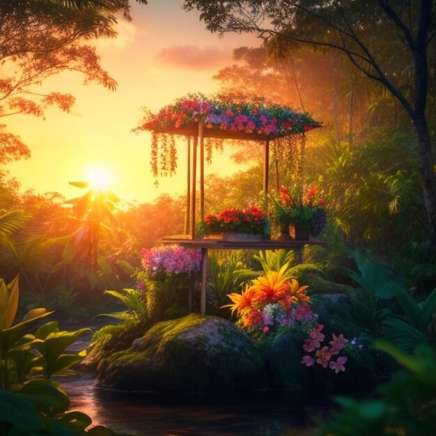 Photo photo a jungle scene with a stone bench and a green plant