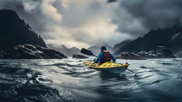 Photo a photo of a kayaker paddling through rough waters cloudy sky