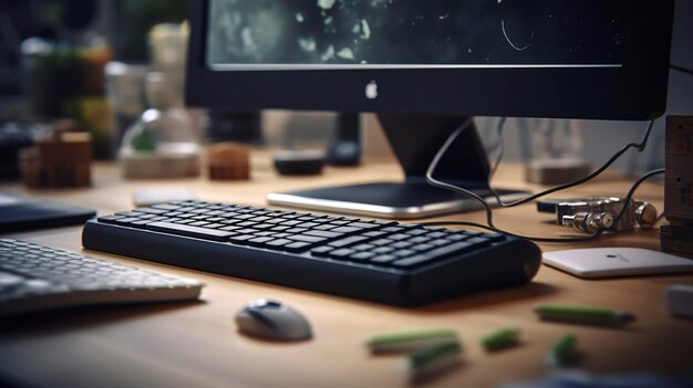 photo of a keyboard and mouse surrounded by office supplies