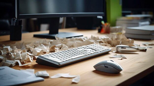 オフィス用品に囲まれたキーボードとマウスの写真