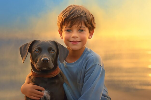 photo of kid and dog in beach