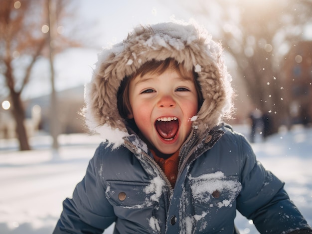 photo of a kid playing snow filling the air ai generated