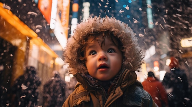 photo of a kid playing snow filling the air at Shibuya Tokyo ai generated