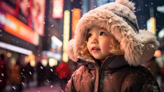 photo of a kid playing snow filling the air at Shibuya Tokyo ai generated