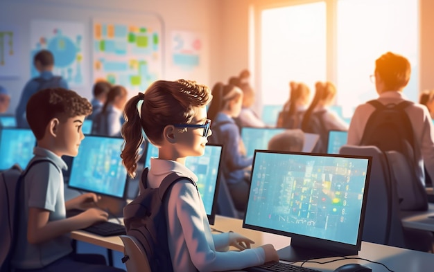 Foto foto di bambini che imparano a usare il computer in classe