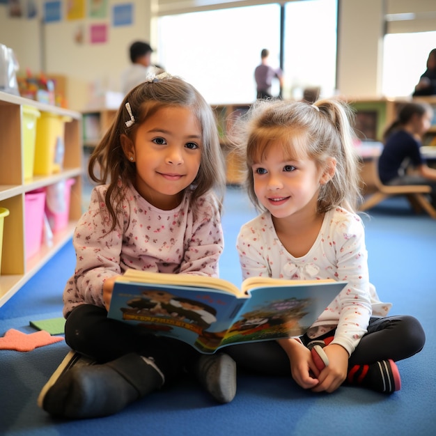 Photo photo of kids reading a book together in the classroom